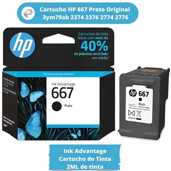 Imagem de Kit com 2 cartuchos hp 667 preto 2ml - 3ym79ab