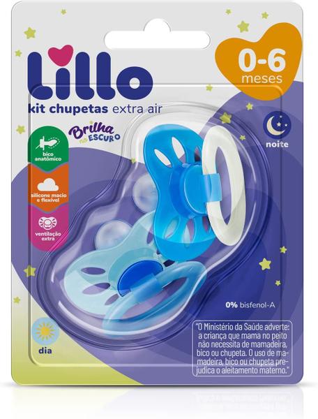 Imagem de Kit Com 2 Chupetas Lillo Extra Air Azul Brilha no Escuro 0-6 meses - 632321