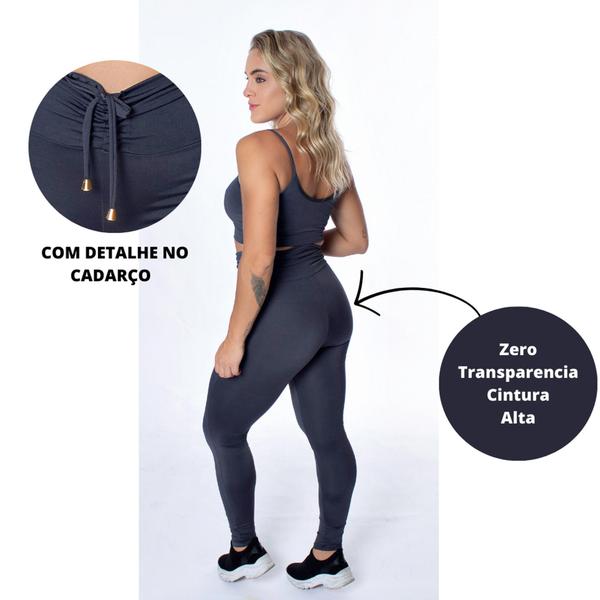 Imagem de kit com 2 conjuntos fitness calça com cadarço e Top, cintura alta suplex zero transparencia