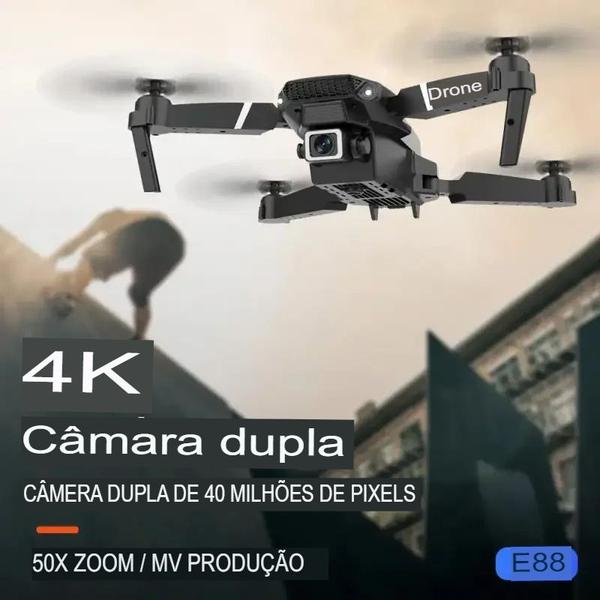 Imagem de KIT Com 2 Drones E88 Profissionais com 2 Cameras 4K, 2 Baterias cada App Completo Video/Foto Wi-Fi Voo 360 com Bolsa