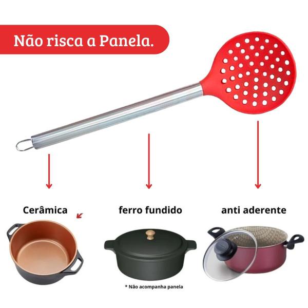 Imagem de Kit Com 2 Escumadeira Inox Silicone Vermelho Talher Cozinha