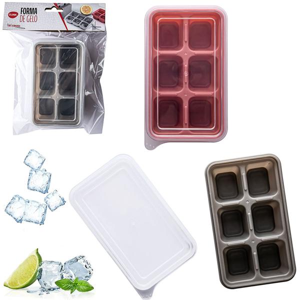 Imagem de Kit com 2 Forma De Gelo Com 6 Cavidades Retangular De Plastico Com Tampa 11,5X7X3,5Cm - CLINK