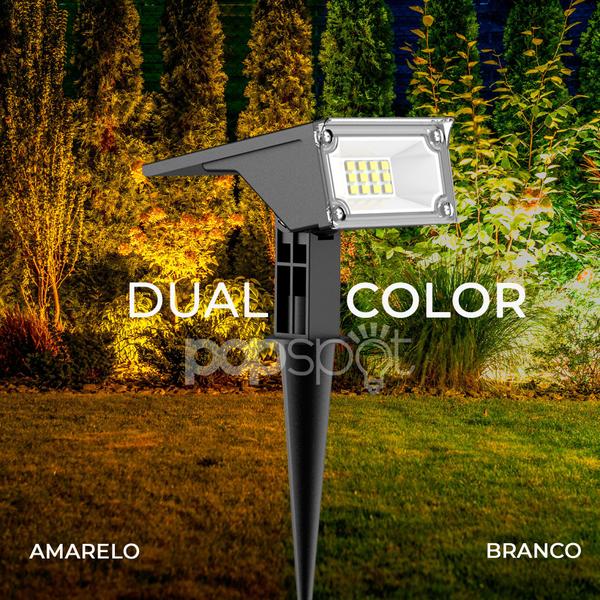 Imagem de Kit com 2 - Luminária Solar Refletor Espeto Jardim Spot LED Dual Color 50 Lumens Branco Quente 3000K + Branco Frio 6500K