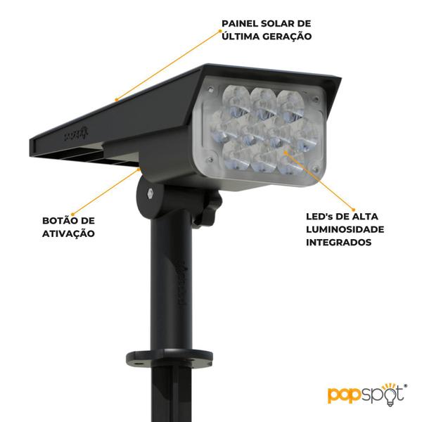 Imagem de Kit com 2 - Luminária Spot Solar Espeto de Jardim Potente 12h Refletor LED Branco Quente 3000K 1 Ano Garantia PopSpot