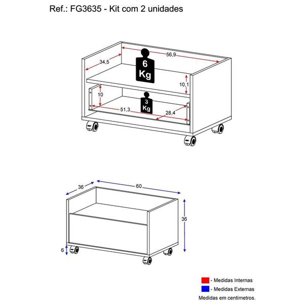 Imagem de Kit com 2 Mesas de Cabeceira 60 cm com Rodízios Multimóveis FG3635 Branca