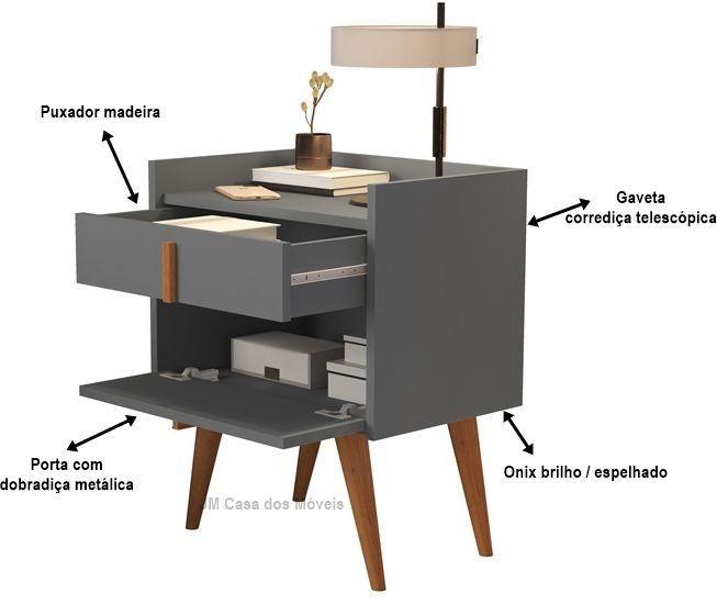 Imagem de Kit Com 2 Mesas De Cabeceiras Retrô Pés Palito Ravi 1188 -1 Gaveta e 1 Porta - Cor: Cinza - Lojas K7