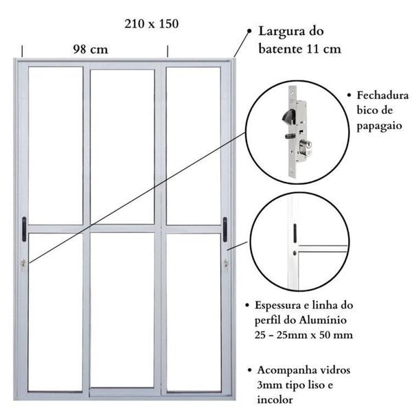 Imagem de Kit com 2 Portas Sacada de Alumínio 3 Folhas Sequenciais Móveis 210 X 150cm Linha 25 Branco