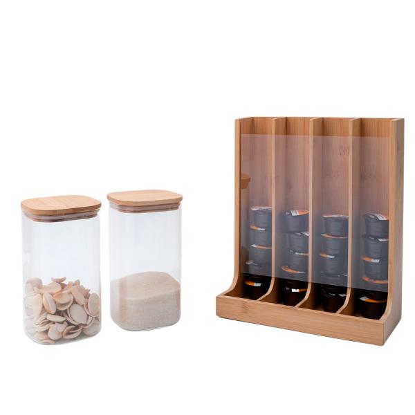 Kit com 2 potes de vidro com tampa de bambu 1,4l e porta cápsulas de bambu - Oikos Imagem de Kit com 2 potes de vidro com tampa de bambu 1,4l e porta cápsulas de bambu - Oikos