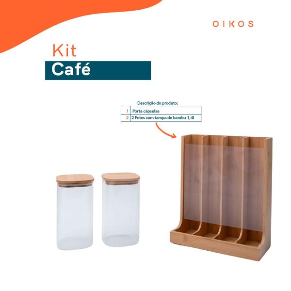 Kit com 2 potes de vidro com tampa de bambu 1,4l e porta cápsulas de bambu - Oikos Imagem de Kit com 2 potes de vidro com tampa de bambu 1,4l e porta cápsulas de bambu - Oikos
