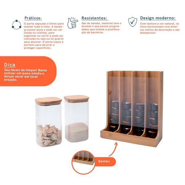Kit com 2 potes de vidro com tampa de bambu 1,4l e porta cápsulas de bambu - Oikos Imagem de Kit com 2 potes de vidro com tampa de bambu 1,4l e porta cápsulas de bambu - Oikos