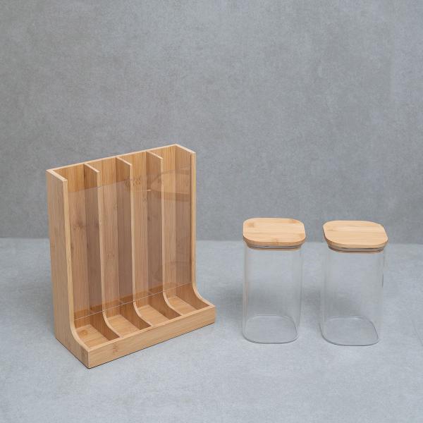 Kit com 2 potes de vidro com tampa de bambu 1,4l e porta cápsulas de bambu - Oikos Imagem de Kit com 2 potes de vidro com tampa de bambu 1,4l e porta cápsulas de bambu - Oikos