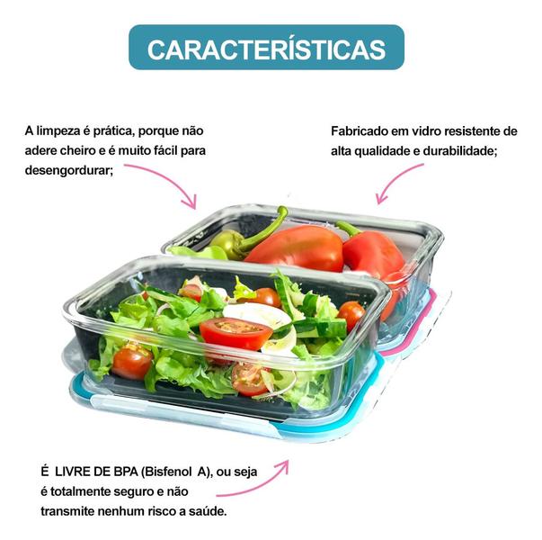 Imagem de Kit Com 2 Potes Herméticos de Vidro Marmitas Fitness Vasilhas Com Tampa Microondas Freezer 640ml