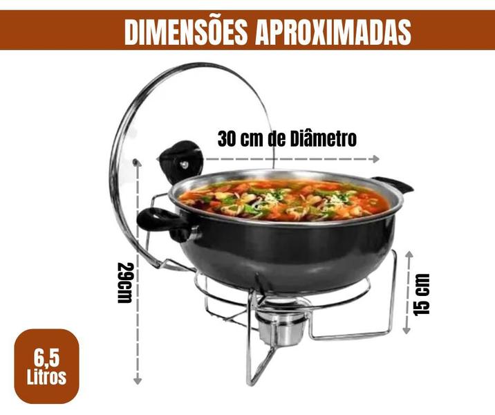 Imagem de Kit com 2 Rechaud Fogareiro Panela de Alumínio Redonda Buffet P/ Comida Aquecida Tampa de Vidro 6,5L