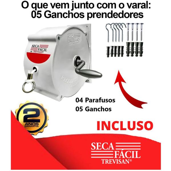 Imagem de Kit com 2 Seca Facil Varal Recolhivel de Parede Retrátil 30 Metros Branco Trevisan