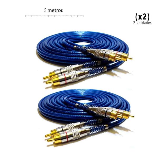 Imagem de Kit com 2 unidades Cabo Rca Blindado 5 Metros Azul Dupla Blindagem Tech One