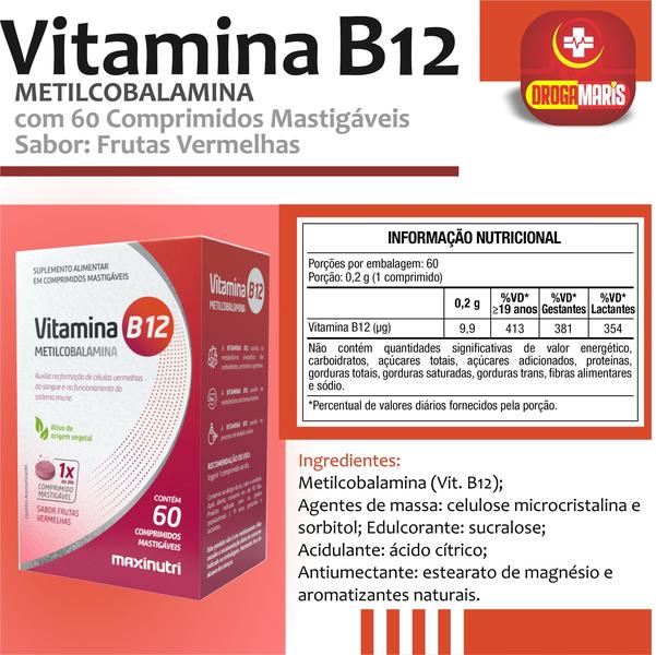 Imagem de kit com 2 Vitamina B12 Metilcobalamina - 60 Comprimidos Mastigáveis Maxinutri - B12