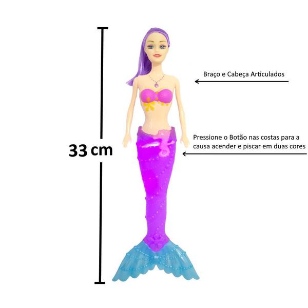 Imagem de Kit com 3 Boneca Sereia Grande 33cm Cauda Cintilante com Luz 