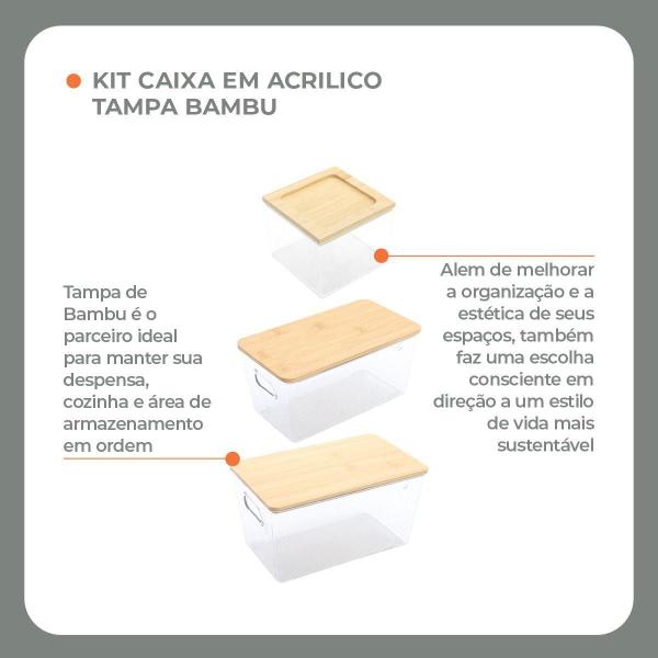 Imagem de Kit com 3 Caixas de Acrílico Incolor com Tampa de Bambu Natural Sustentável e Resistente 1Un