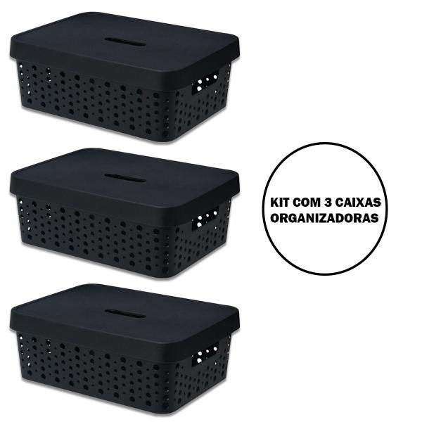 Imagem de Kit Com 3 Caixas Organizadoras Multiuso Com Tampa 11L Preto