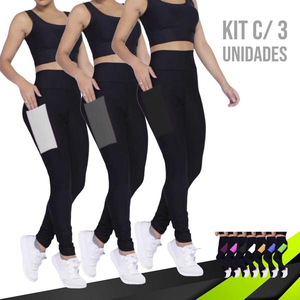 Imagem de Kit com 3 Calças Leg Legging COM BOLSOS Cintura Alta Fitness Treino Casual Corrida Academia 657