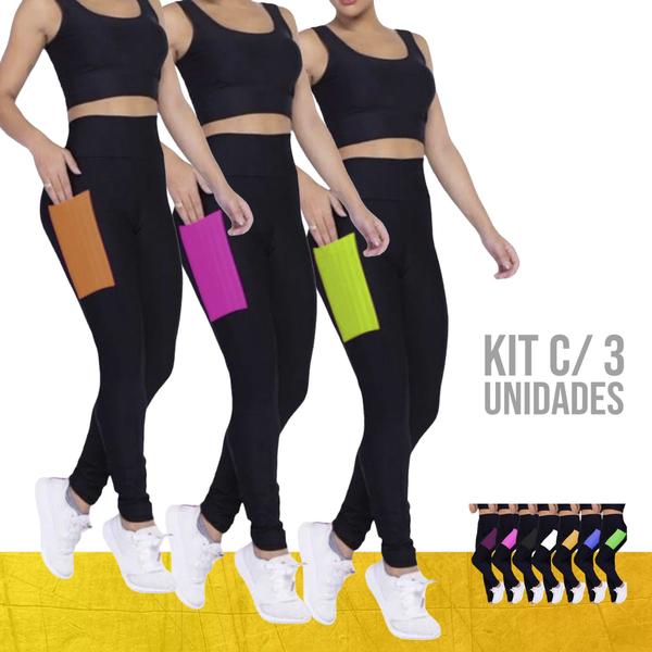 Imagem de Kit com 3 Calças Leg Legging COM BOLSOS Cintura Alta Fitness Treino Casual Corrida Academia 657