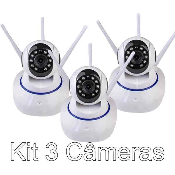 Imagem de Kit com 3 Câmeras de Segurança Wifi Ip Sem Fio 360 3 Antenas RJ45 HD Visão Noturna Com Alarme