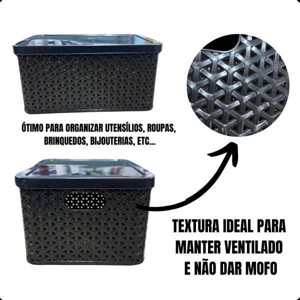 Kit Com 3 - Cesto Caixa Organizadora Rattan Com Tampa - 7 Litros - Preto - Arqplast Imagem de Kit Com 3 - Cesto Caixa Organizadora Rattan Com Tampa - 7 Litros - Preto