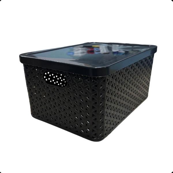 Kit Com 3 - Cesto Caixa Organizadora Rattan Com Tampa - 7 Litros - Preto - Arqplast Imagem de Kit Com 3 - Cesto Caixa Organizadora Rattan Com Tampa - 7 Litros - Preto