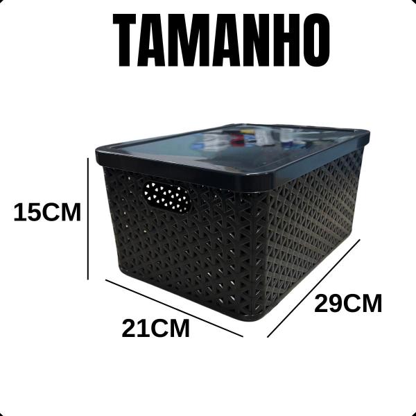 Kit Com 3 - Cesto Caixa Organizadora Rattan Com Tampa - 7 Litros - Preto - Arqplast Imagem de Kit Com 3 - Cesto Caixa Organizadora Rattan Com Tampa - 7 Litros - Preto