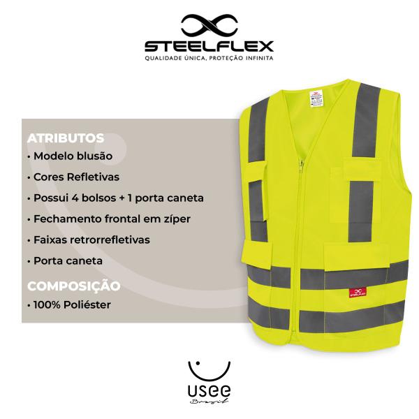 Imagem de Kit com 3 Coletes Segurança Refletivo Sinalização 4 Bolsos Steelflex