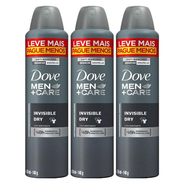 Imagem de Kit com 3 Desodorantes Antitranspirantes Aerosol Dove Men Invisible Dry 250ml