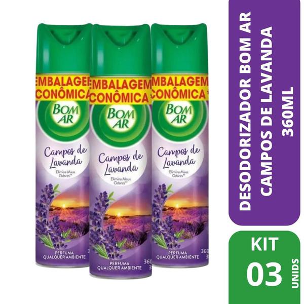 Imagem de Kit com 3 Desodorizadores Bom Ar Aerosol 360Ml Lavanda