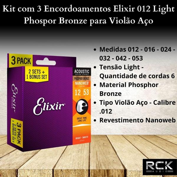 Imagem de Kit com 3 Encordoamentos Elixir 012 Light Phospor Bronze para Violão Aço