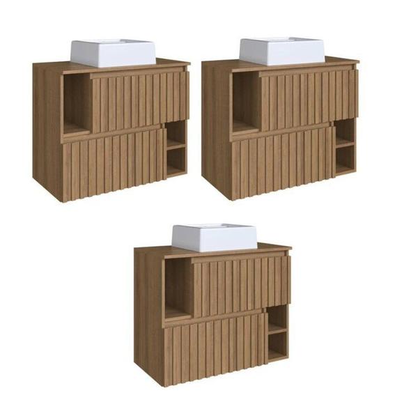 Imagem de Kit com 3 Gabinetes de Banheiro Suspenso 75cm Luiza com 2 Portas Basculante com Cuba Mel