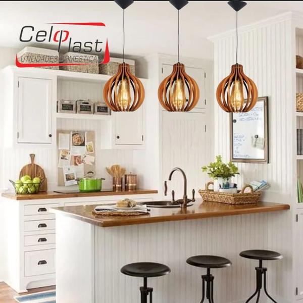 Kit com 3 Lustres/Luminárias de Teto Pendente em MDF Coquinho Para Área gourmet, Sala, Coz... Kit com 3 Lustres/Luminárias de Teto Pendente em MDF Coquinho Para Área gourmet, Sala, Coz...
