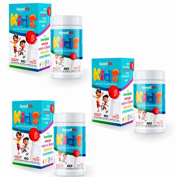 Imagem de kit com 3 Multivitaminico Kids 60 Comprimidos Mastigaveis - sabor Morango - Good Vit