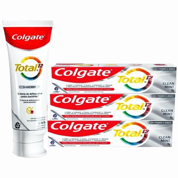 Imagem de kit com 3 Pasta de dentes Colgate Total 12 Clean Mint 90g  - previne bactérias e mau hálito