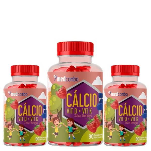 Imagem de Kit Com 3 Potes Cálcio Kids 90 Capsulas Sabor Morango 600mg Medcombo