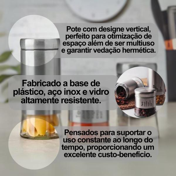 Imagem de Kit com 3 potes Tamanhos Aço Inox e vidro Mantimentos