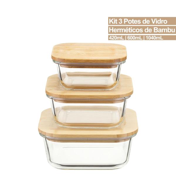 Imagem de Kit Com 3 Potes Tampa De Bambu Hermético 420ml/600ml/1040ml Vidro Elegante