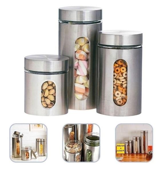 Imagem de Kit Com 3 Potes Tampa Para Alimentos Em Vidro Aço Inoxidável