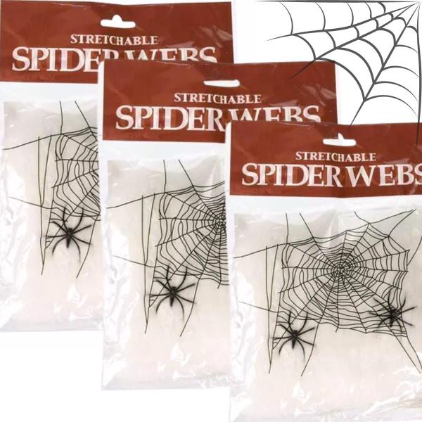 Imagem de Kit Com 3 Teia De Aranha Branca Para Halloween Decoração