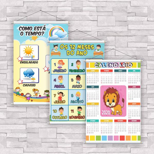 Imagem de kit com 3 UNIDADES de Banner Educativo Calendário, Meses e Clima 85x60cm com Bastão.