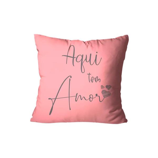 Imagem de Kit com 4 Capas de Almofadas Decorativas Aqui Mora Amor Rosa e Cinza - 45x45cm