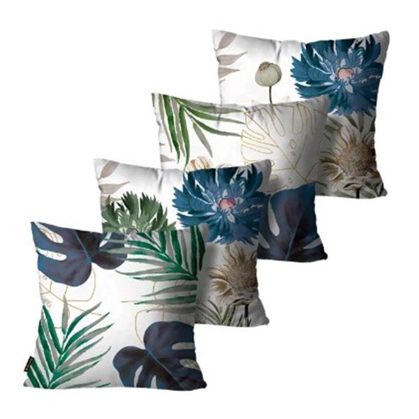 Kit com 4 Capas de Almofadas Decorativas Floral Verde e Azul - 45x45 - Mdecore Imagem de Kit com 4 Capas de Almofadas Decorativas Floral Verde e Azul - 45x45
