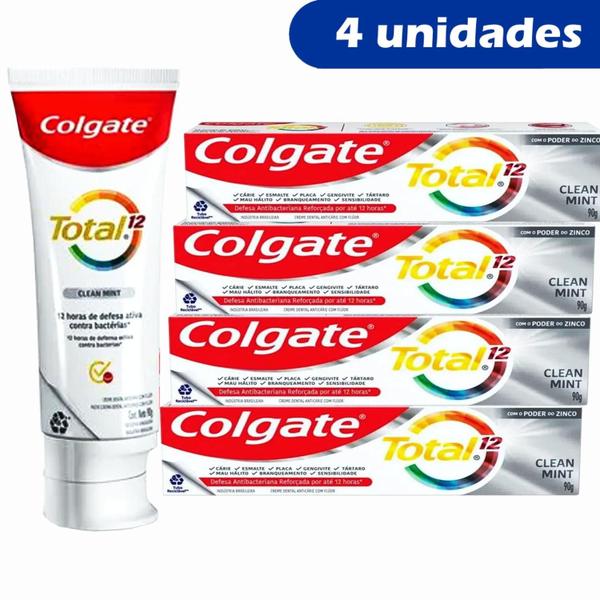 Imagem de kit com 4 Pasta de dentes Colgate Total 12 Clean Mint 90g - 12 horas de defesa ativa bacteriana