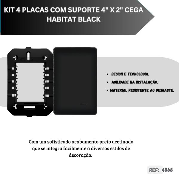 Imagem de KIT Com 4 Placas 4 X 2 Cega Preto Com Suporte Suporte - FAME