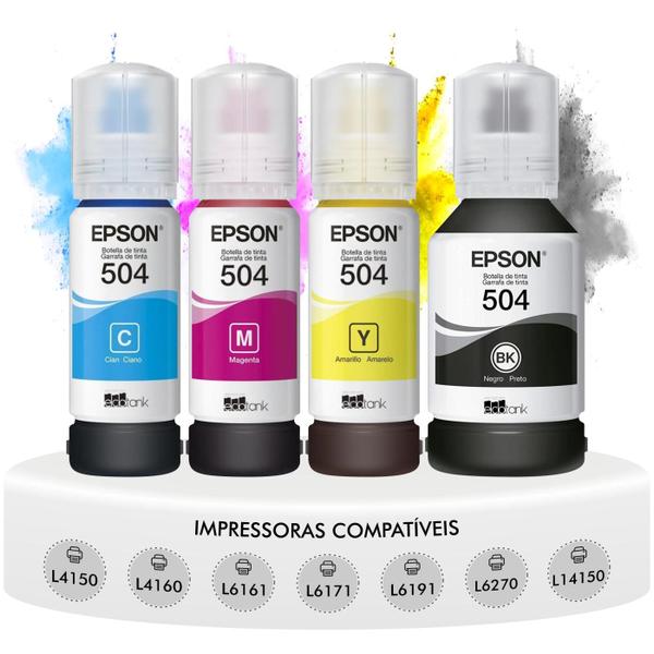 Imagem de Kit com 4 Refis de Tinta T504 Ecotank Compatível Impressoras L4150 L4160 L4260 L6161 L6171 L6191 L14150 L6270