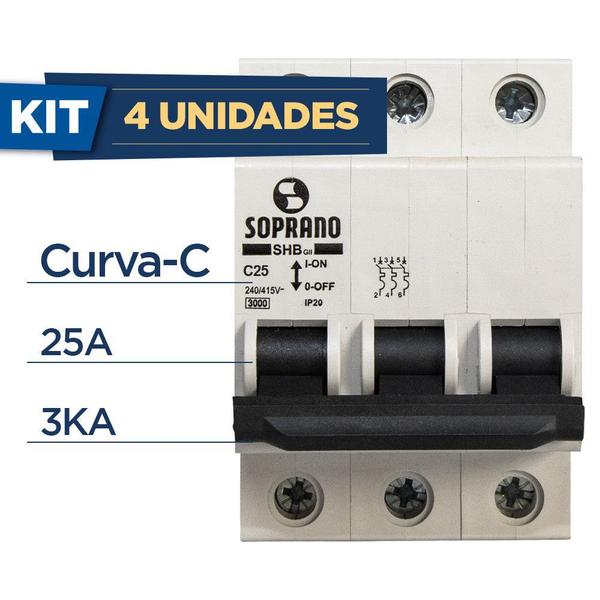 Imagem de Kit Com 4 Soprano Disjuntor Din Trifásico Curva-c 25a 3ka Shb3-c025a