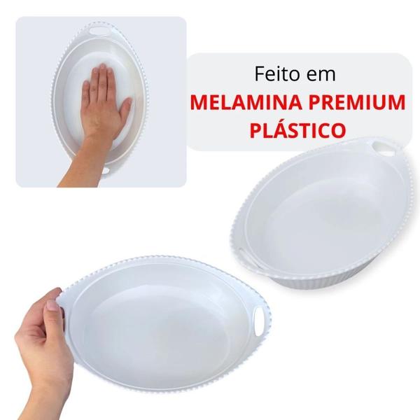 Imagem de Kit com 4 Tigelas 1,3 Litros Branca Ovais com Alca 27,7 Cm Ondulada Melamina Premium  Bestfer 